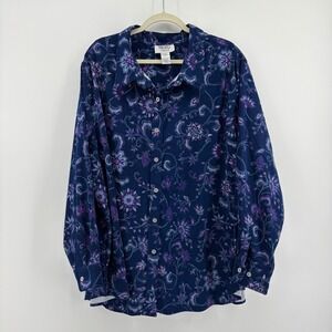 Mainstreet Blues Women 3X Button Down Navy Purple Floral Paisley Stretch Career